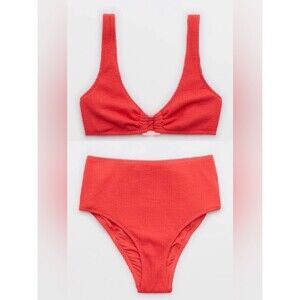 NWT Aerie FULL SET Crinkle Ring Wide Strap Scoop Top + High Waist Bottom Red - S